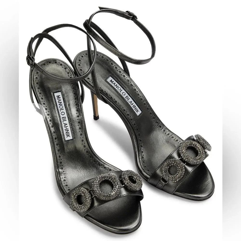 Manolo Blahnik Alvisa Crystal-Embellished Metallic Leather Sandals size 37.5
